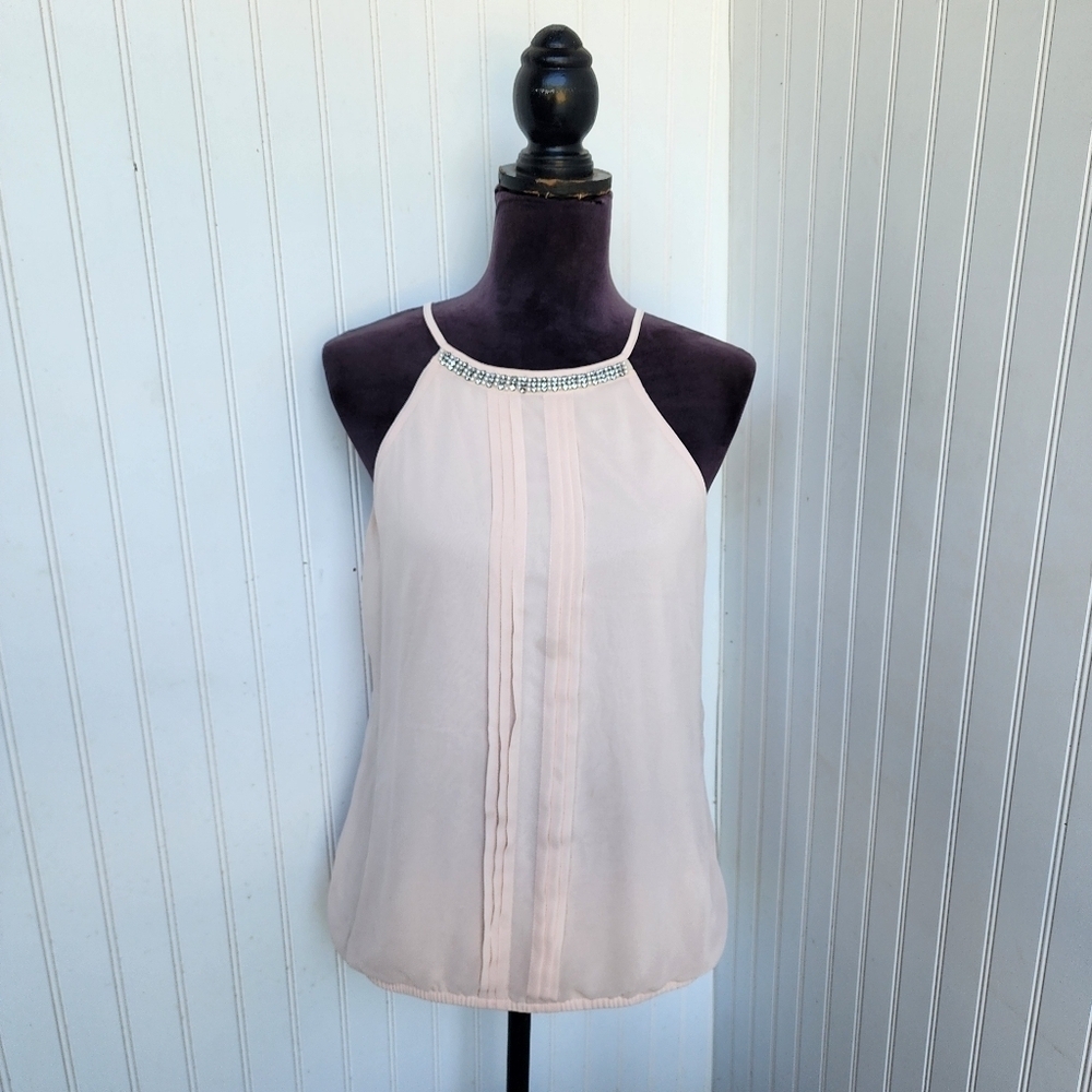 Express Womens Beaded Collar Tank Blush Pink Elastic Hem Back Neck Keyhole Sz M